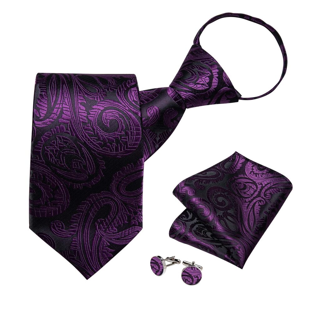 8318 Silk Zipper Ties ,Paisley Solid Plaid Pre-tied Tie and Pocket Square